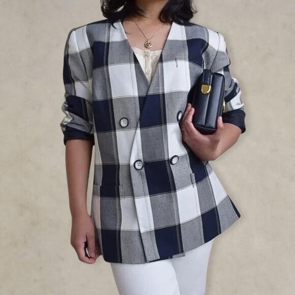 NWT Vintage 80s DressBarn Classic Plaid Double Breasted Suit Blazer Jacket 16 - Picture 1 of 11